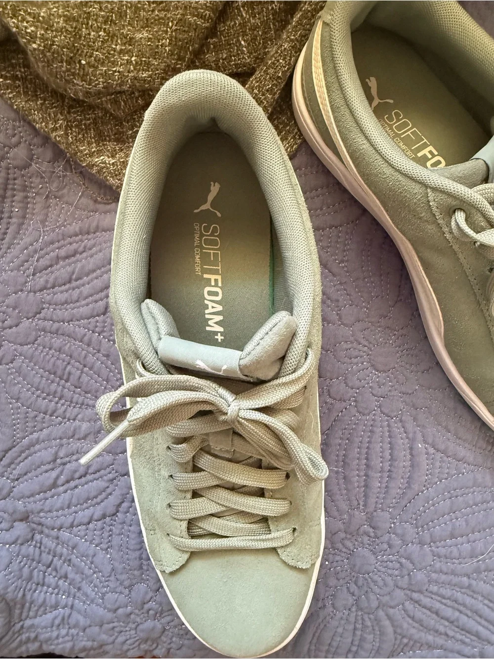 Puma Women's Suede Sneaker in Sage Green with White Stripe